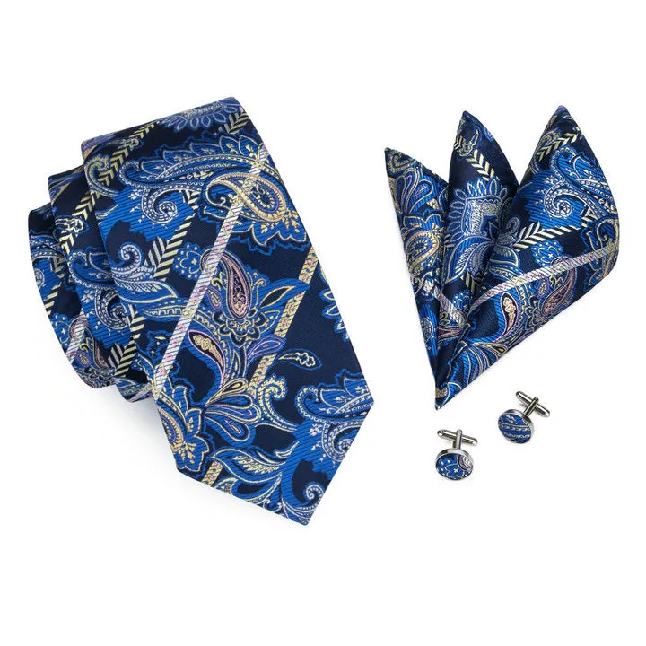 Hi-Tie Deep Blue Paisley Silk Men's Tie Pocket Square Cufflinks Set