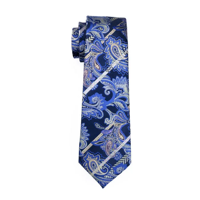 Hi-Tie Deep Blue Paisley Silk Men's Tie Pocket Square Cufflinks Set