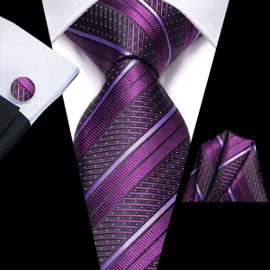 Hi-Tie Deep Purple Necktie White Stripe Tie Pocket Square Cufflinks Set