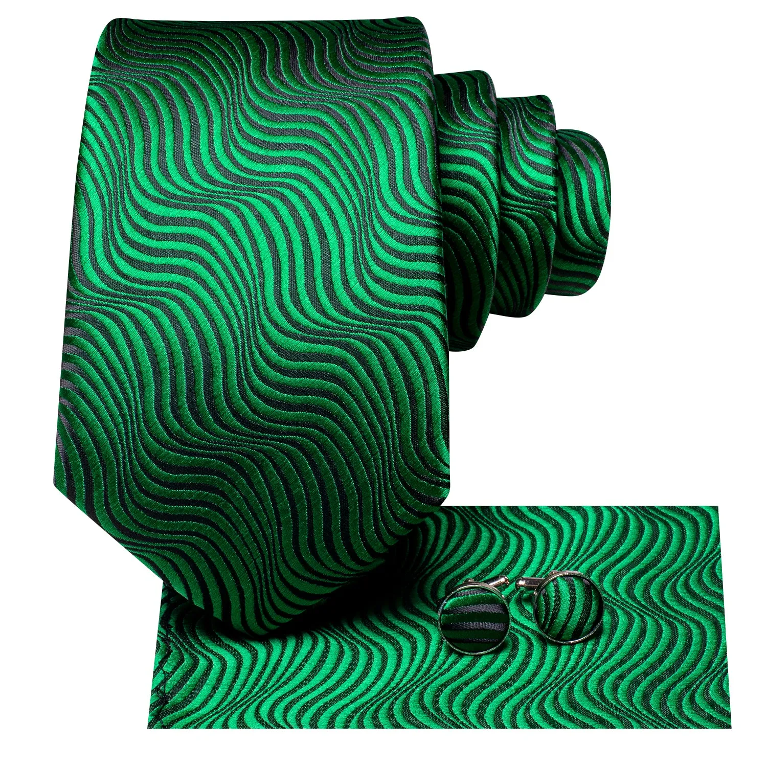 Hi-Tie Emerald Green Irregular Stripes Tie Pocket Square Cufflinks Set