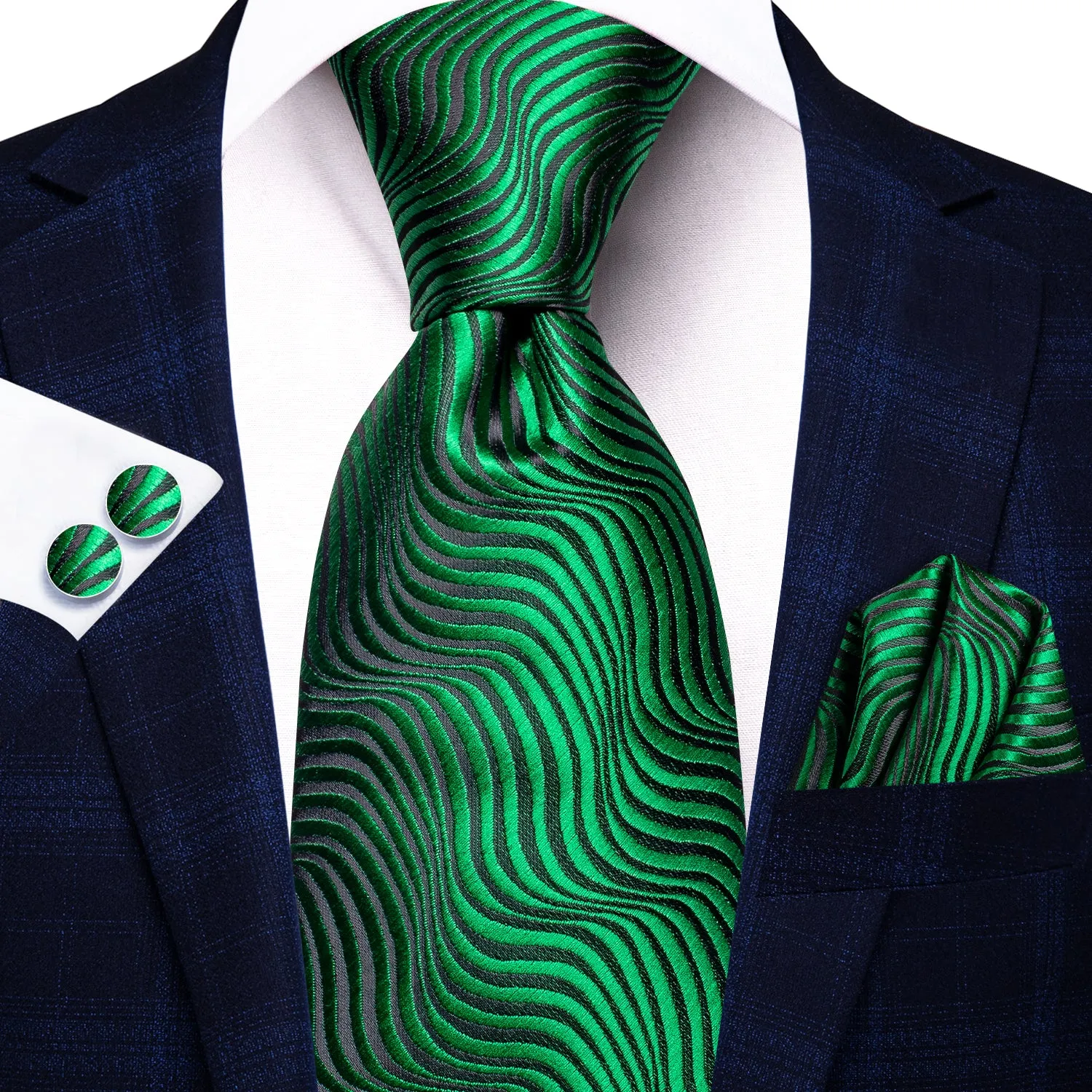 Hi-Tie Emerald Green Irregular Stripes Tie Pocket Square Cufflinks Set