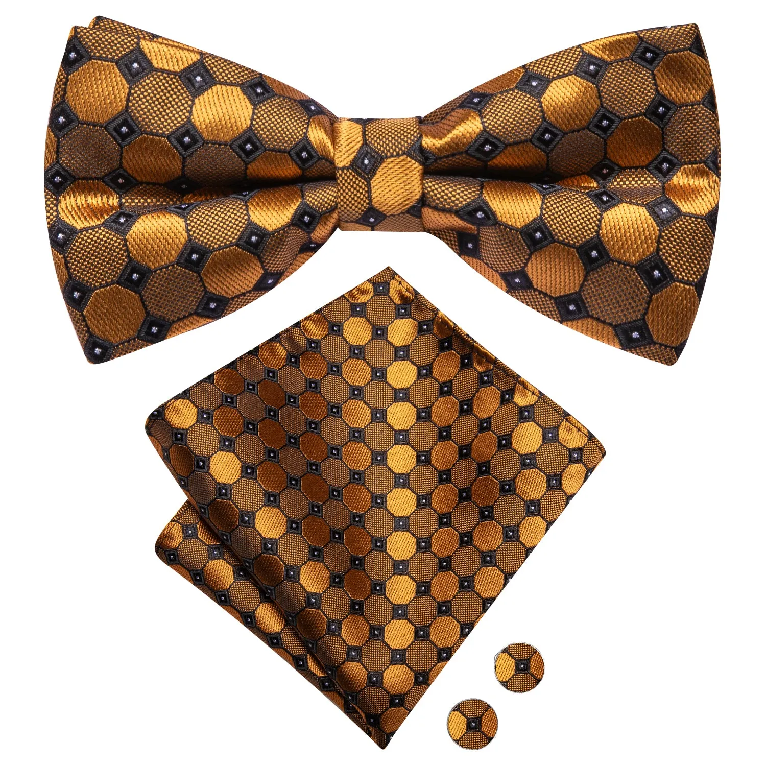 Hi-Tie Golden Polka Dot Pre-tied Bow Tie Hanky Cufflinks Set