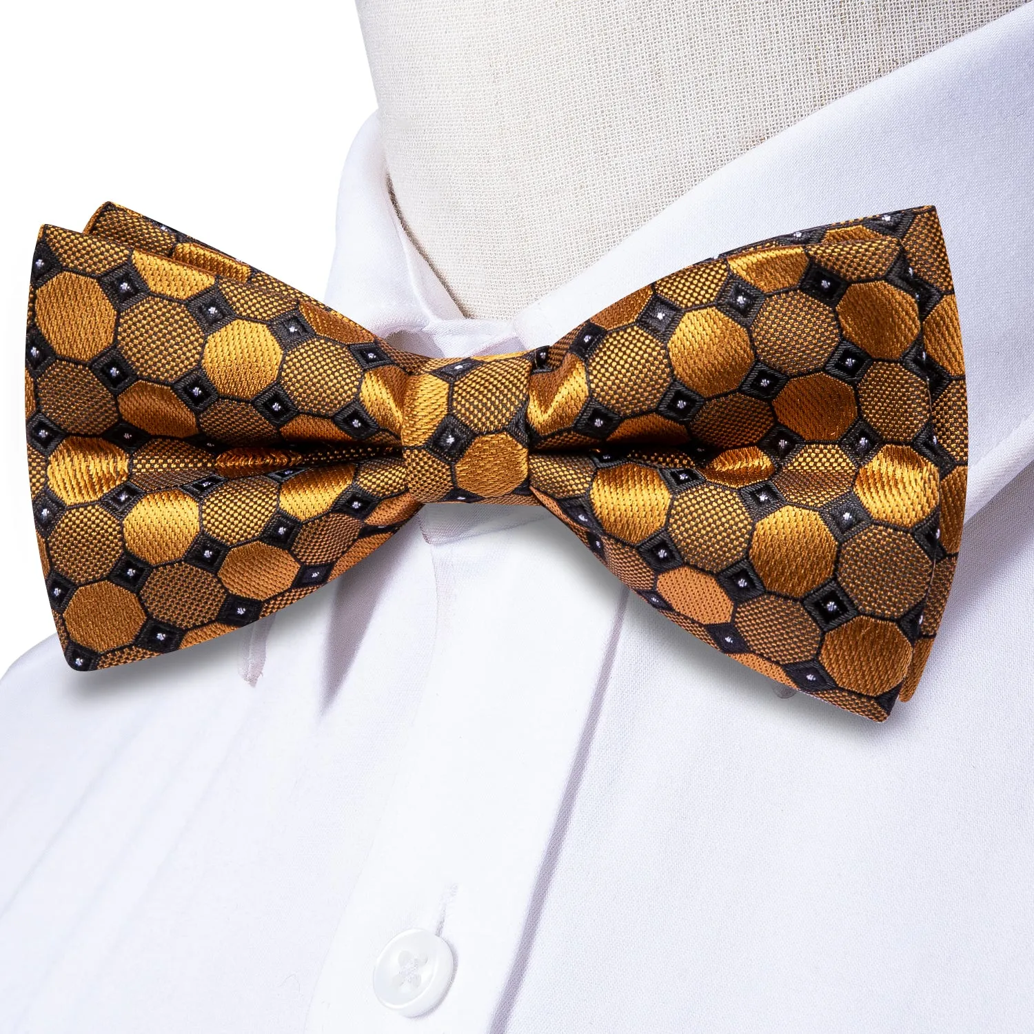 Hi-Tie Golden Polka Dot Pre-tied Bow Tie Hanky Cufflinks Set