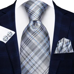 Hi-Tie Gray Tie White Blue Plaid Necktie Pocket Square Cufflinks Set