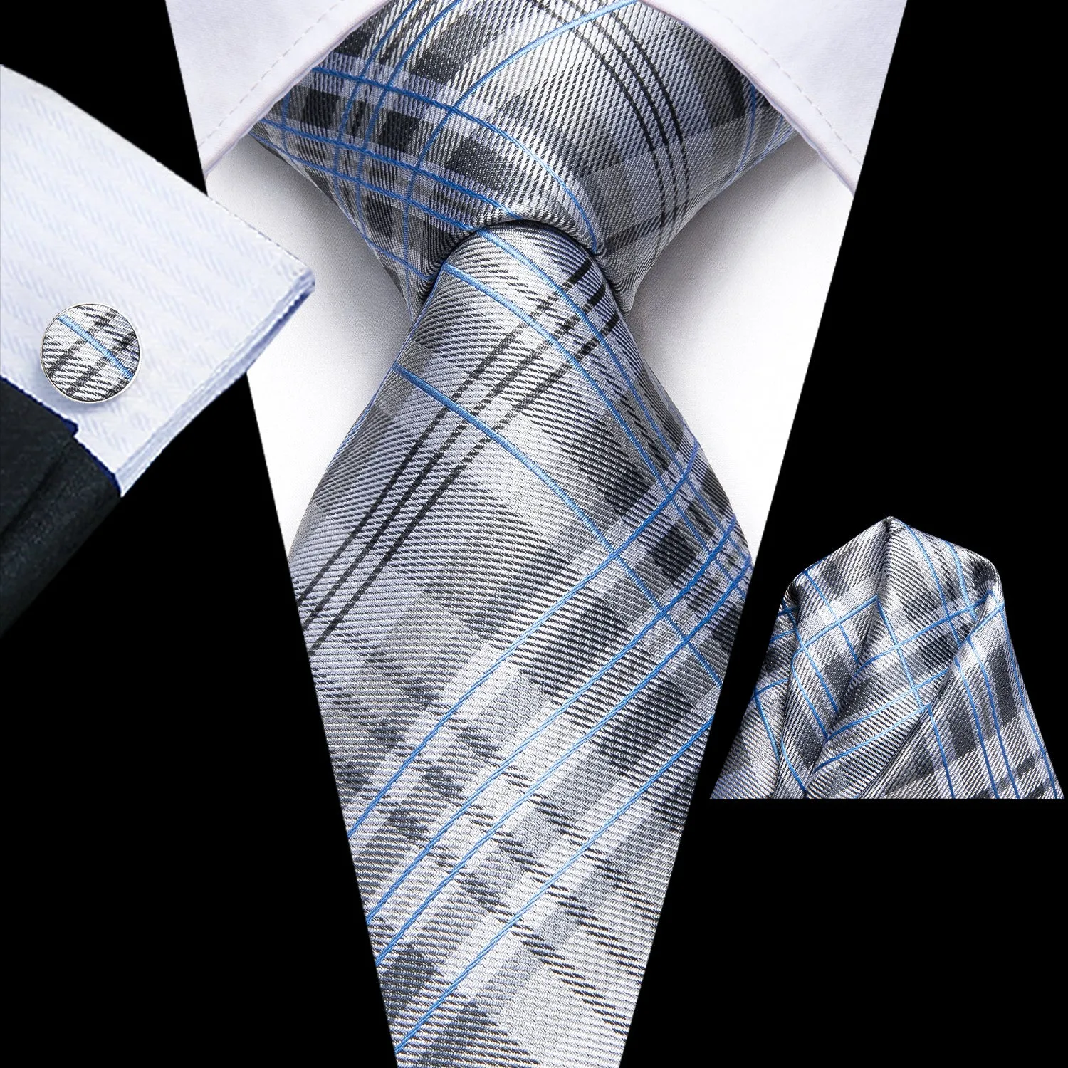 Hi-Tie Gray Tie White Blue Plaid Necktie Pocket Square Cufflinks Set