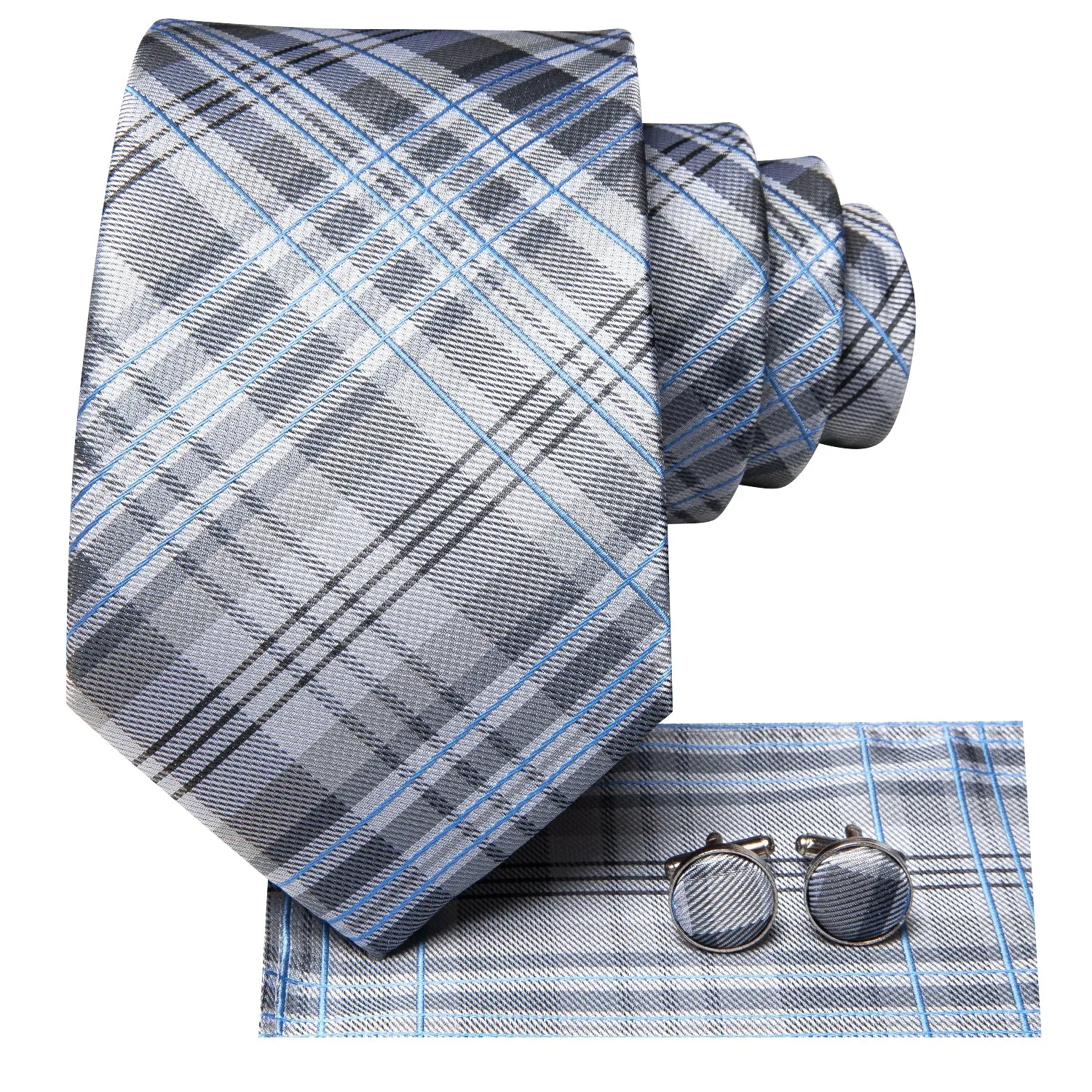 Hi-Tie Gray Tie White Blue Plaid Necktie Pocket Square Cufflinks Set