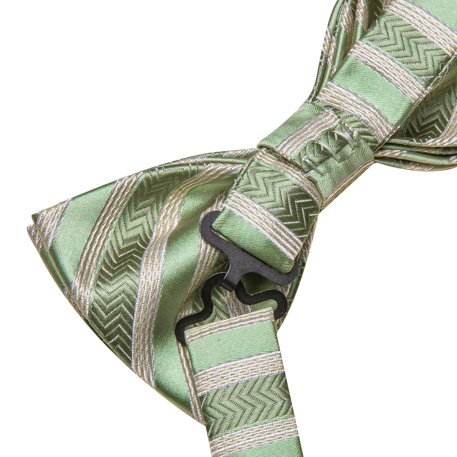 Hi-Tie Green Beige Striped Pre-tied Bow Tie Hanky Cufflinks Set