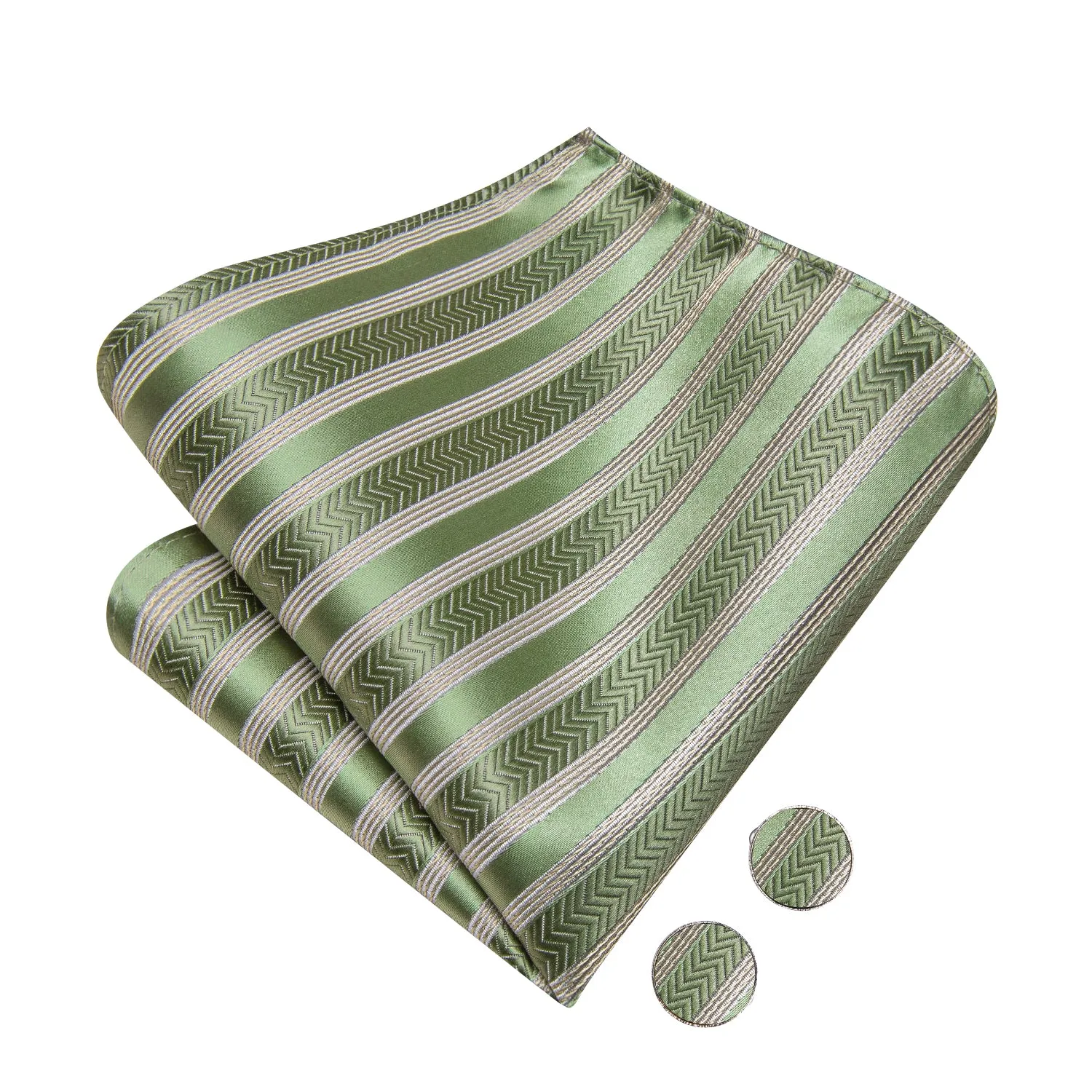 Hi-Tie Green Beige Striped Pre-tied Bow Tie Hanky Cufflinks Set