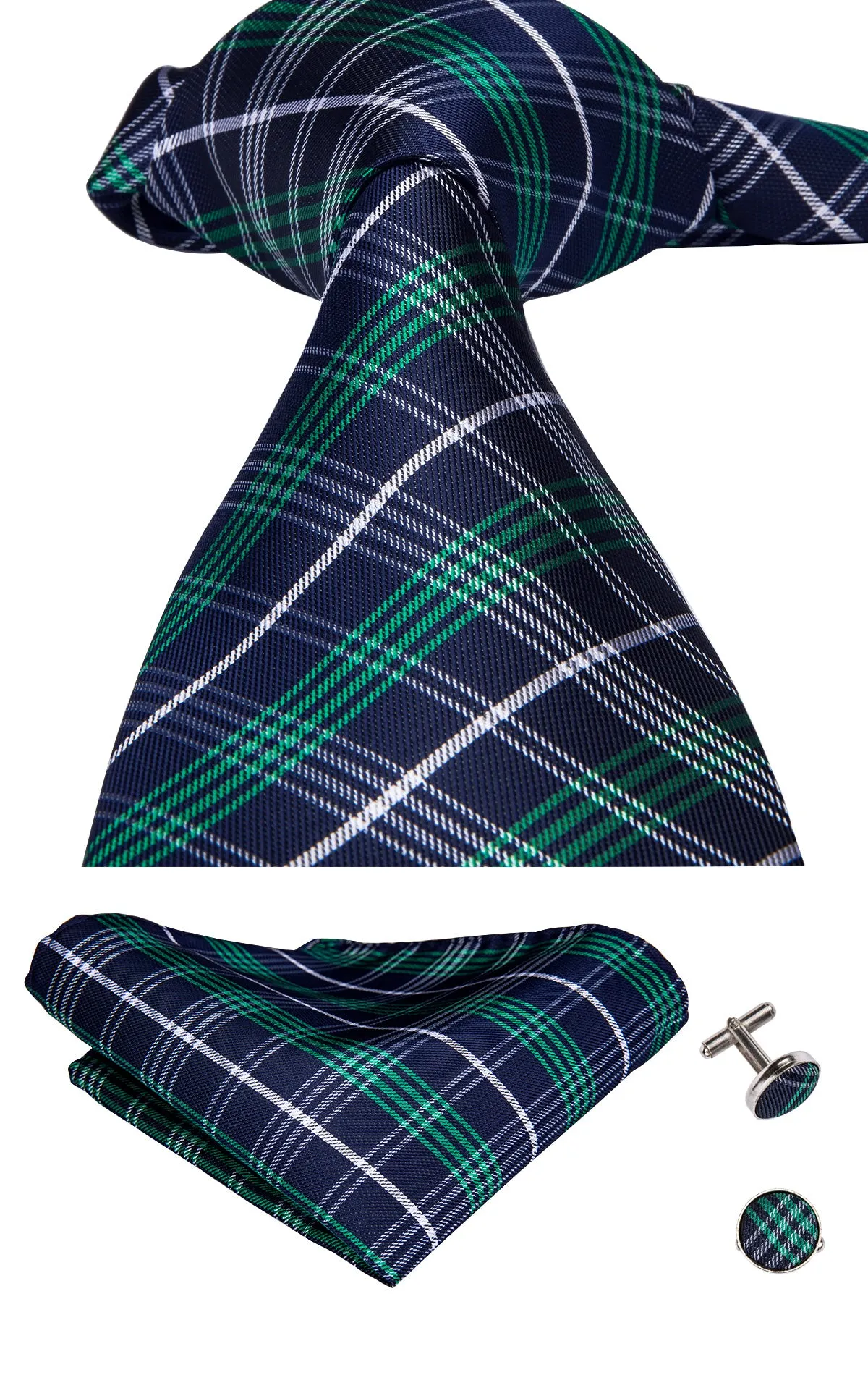 Hi-Tie Green Blue Plaid Men's Necktie Pocket Square Cufflinks Set