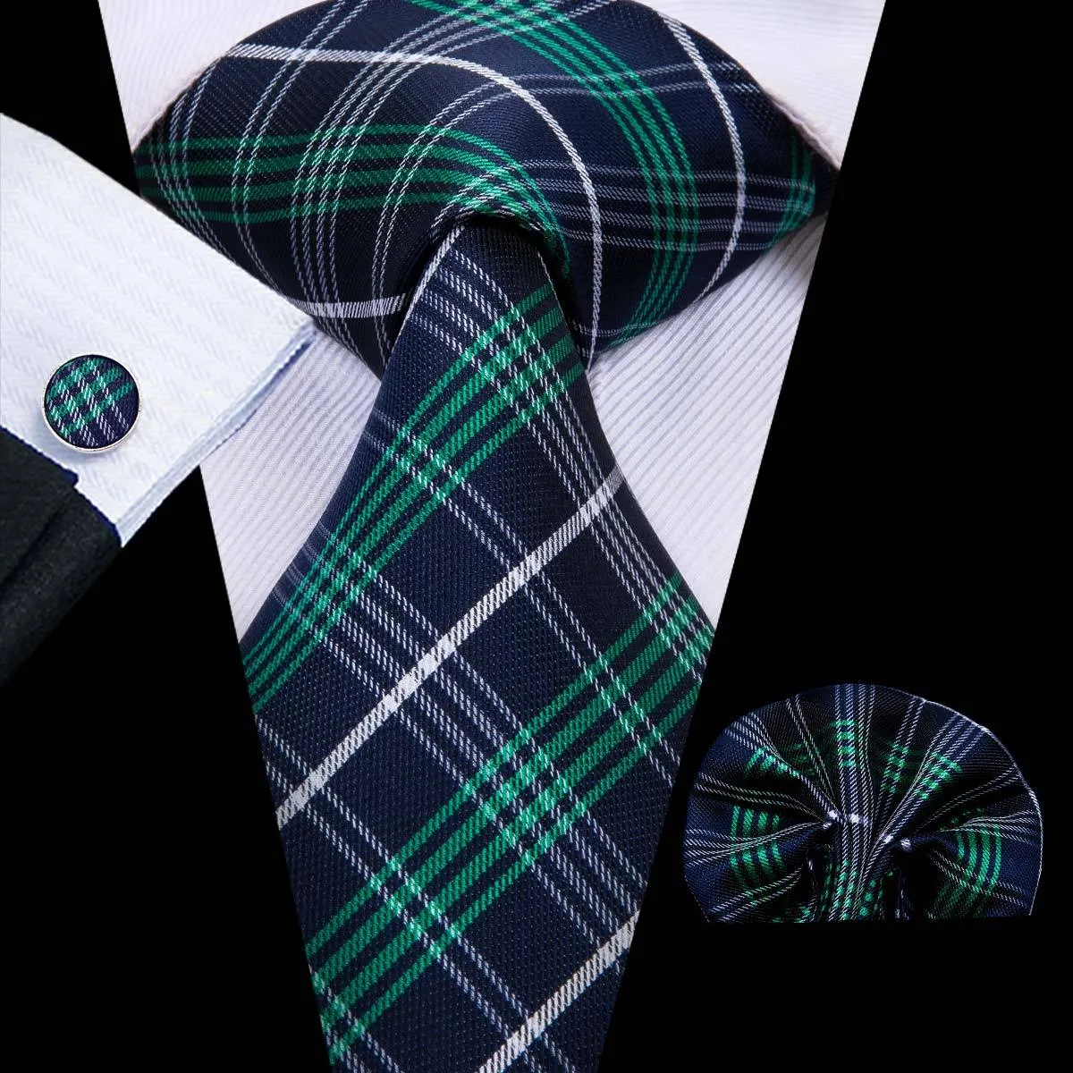 Hi-Tie Green Blue Plaid Men's Necktie Pocket Square Cufflinks Set