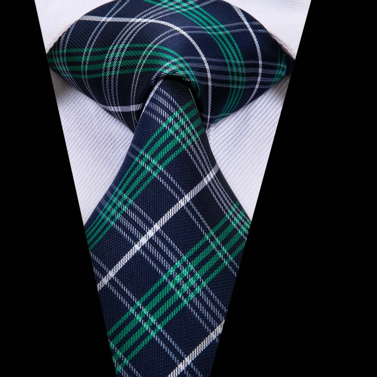 Hi-Tie Green Blue Plaid Men's Necktie Pocket Square Cufflinks Set