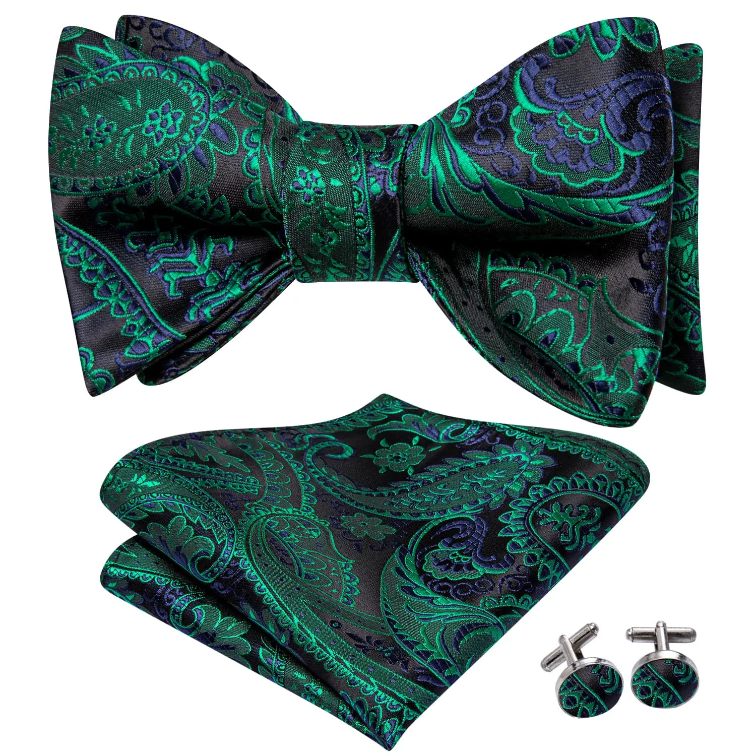 Hi-Tie Green Bow Tie Black Paisley Jacquard Bowtie Hanky Cufflinks Set