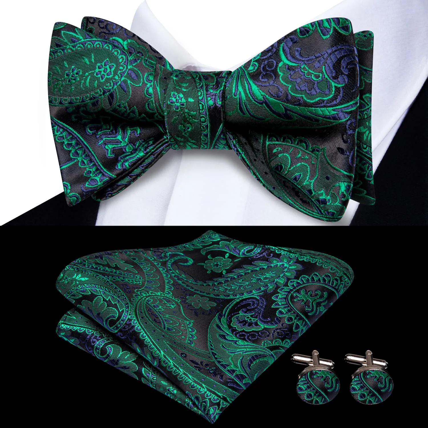 Hi-Tie Green Bow Tie Black Paisley Jacquard Bowtie Hanky Cufflinks Set