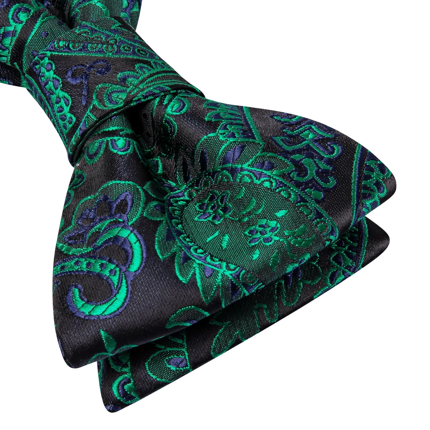 Hi-Tie Green Bow Tie Black Paisley Jacquard Bowtie Hanky Cufflinks Set