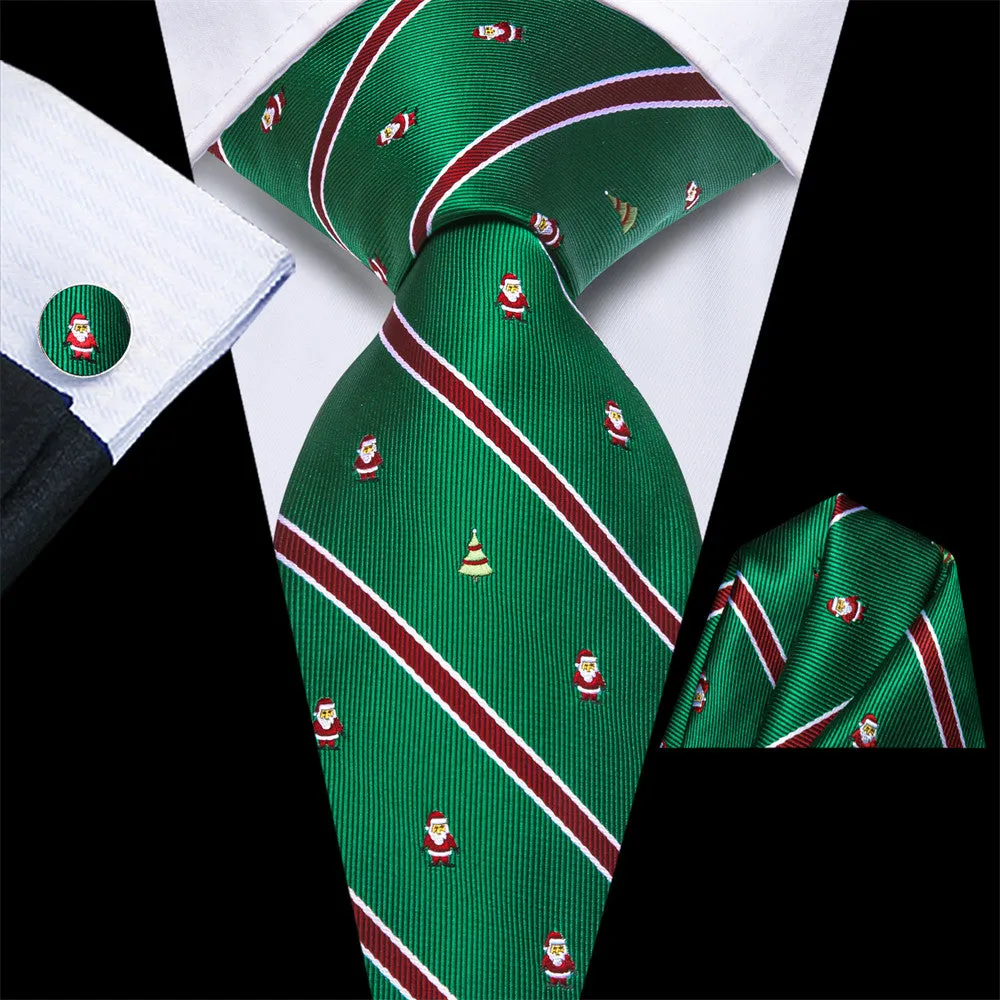 Hi-Tie Green Red Striped Santa Christmas Designer Necktie Set