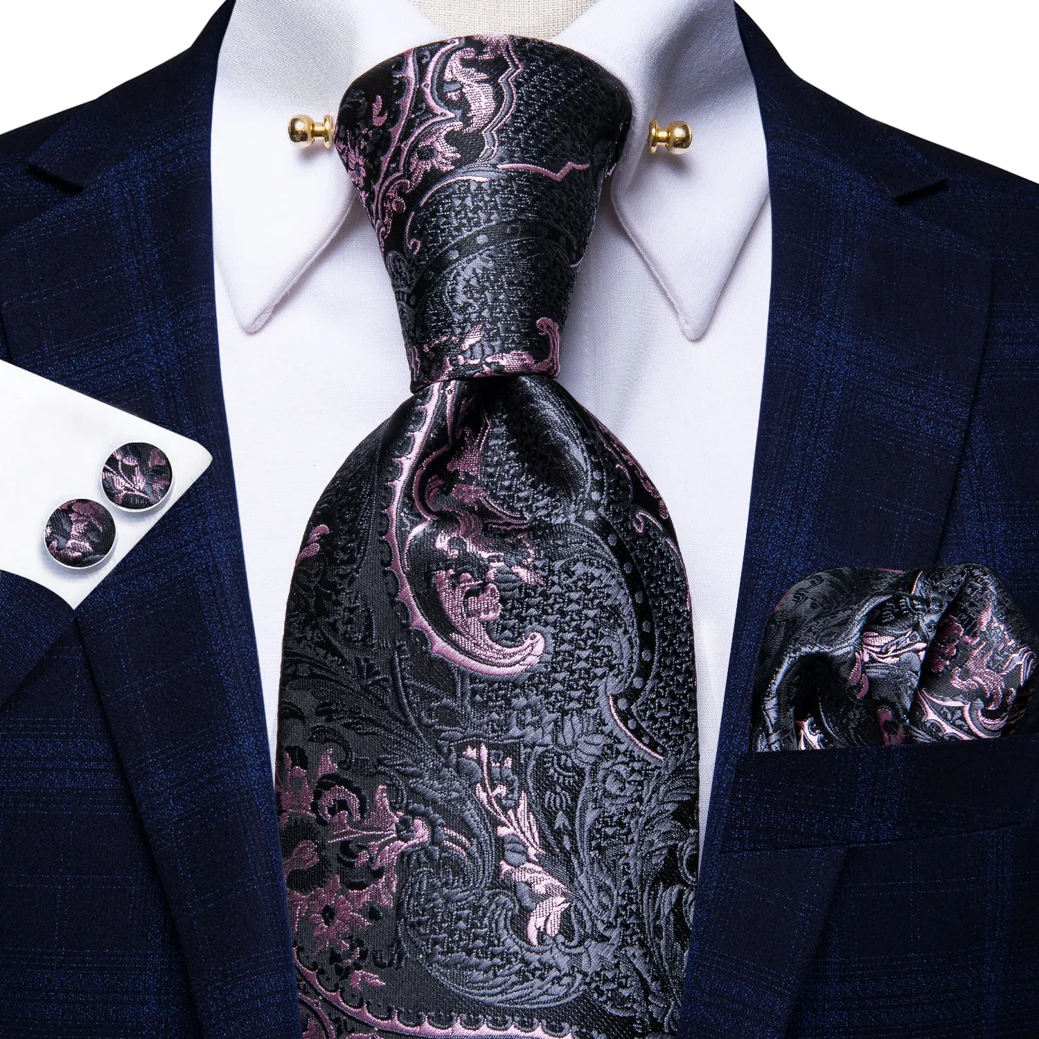 Hi-Tie Grey Pink Paisley Necktie Hanky Cufflinks Set with Collar Pin