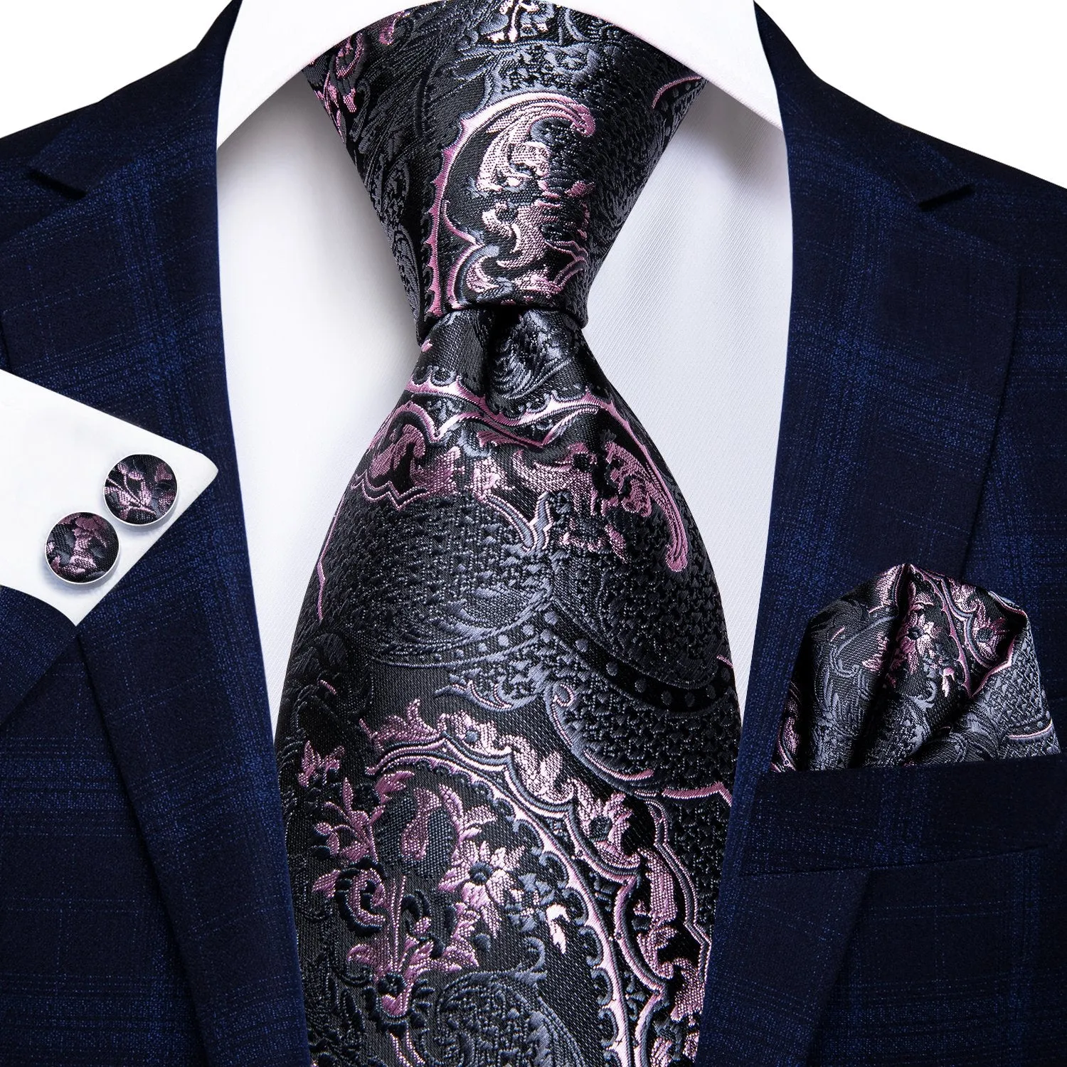 Hi-Tie Grey Pink Paisley Necktie Hanky Cufflinks Set with Collar Pin