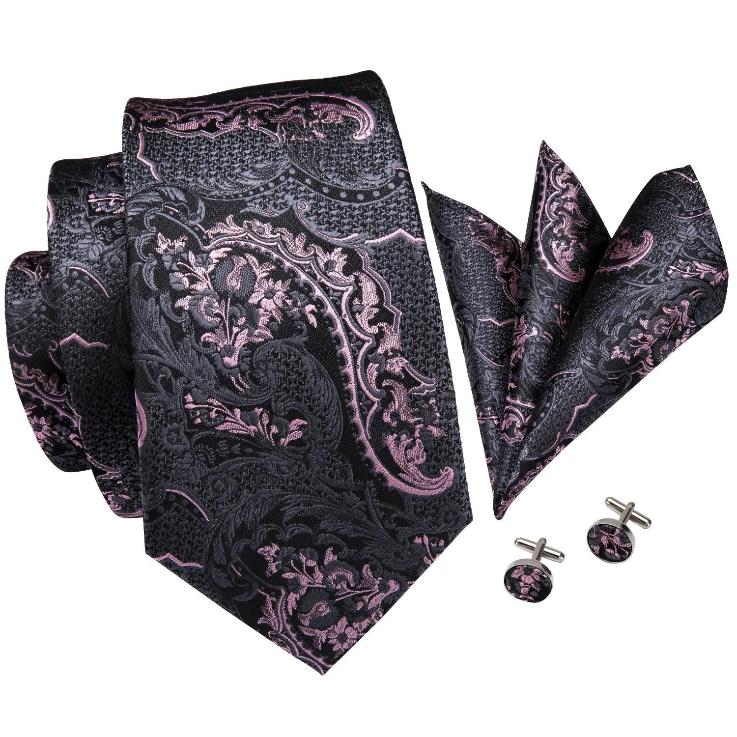 Hi-Tie Grey Pink Paisley Necktie Hanky Cufflinks Set with Collar Pin