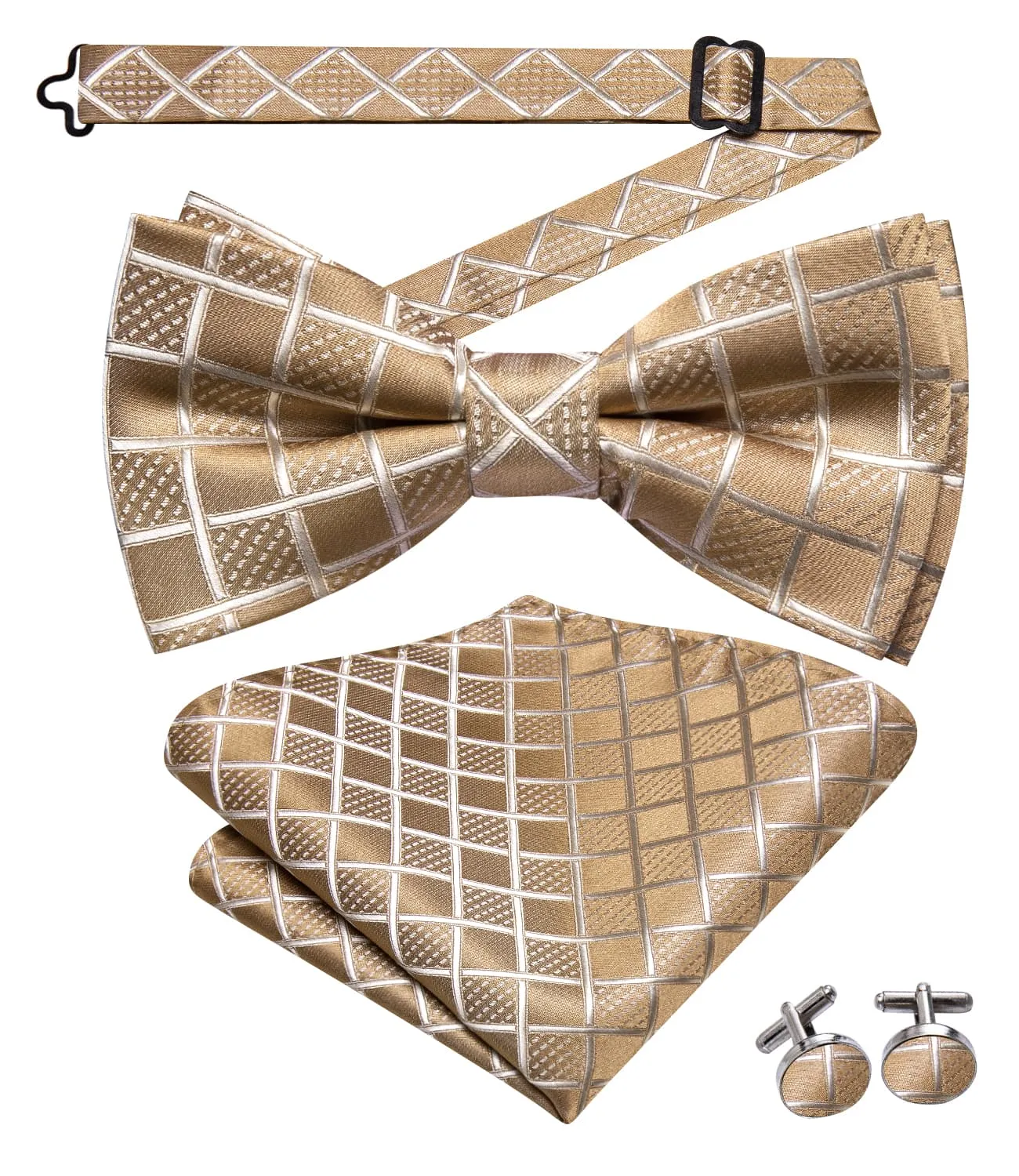 Hi-Tie Light Tan Brown Bow Ties Men Plaid Necktie Hanky Cufflinks Set