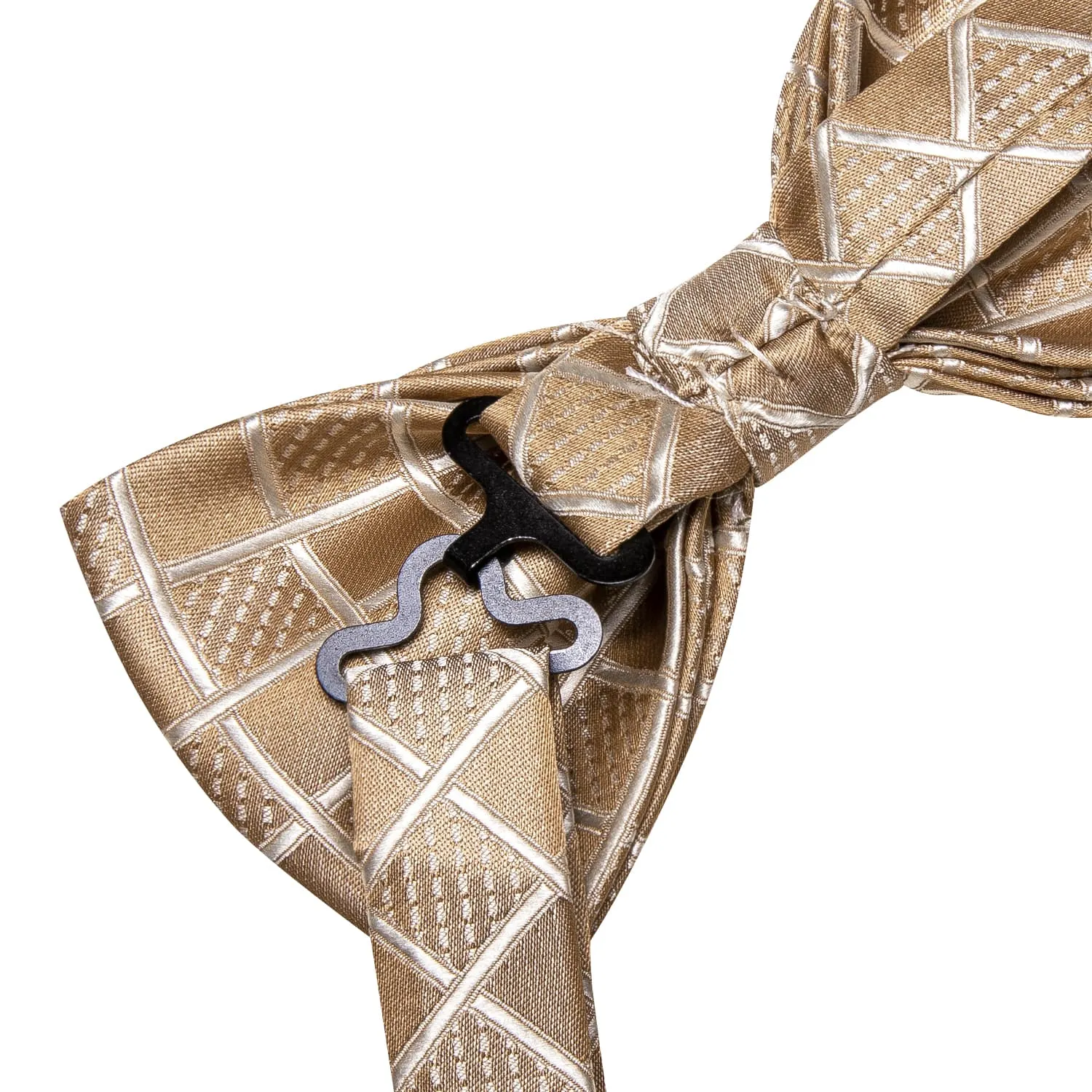 Hi-Tie Light Tan Brown Bow Ties Men Plaid Necktie Hanky Cufflinks Set