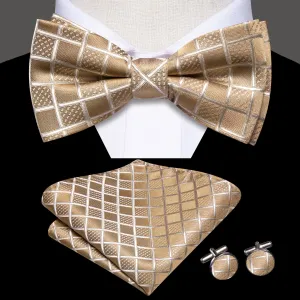 Hi-Tie Light Tan Brown Bow Ties Men Plaid Necktie Hanky Cufflinks Set