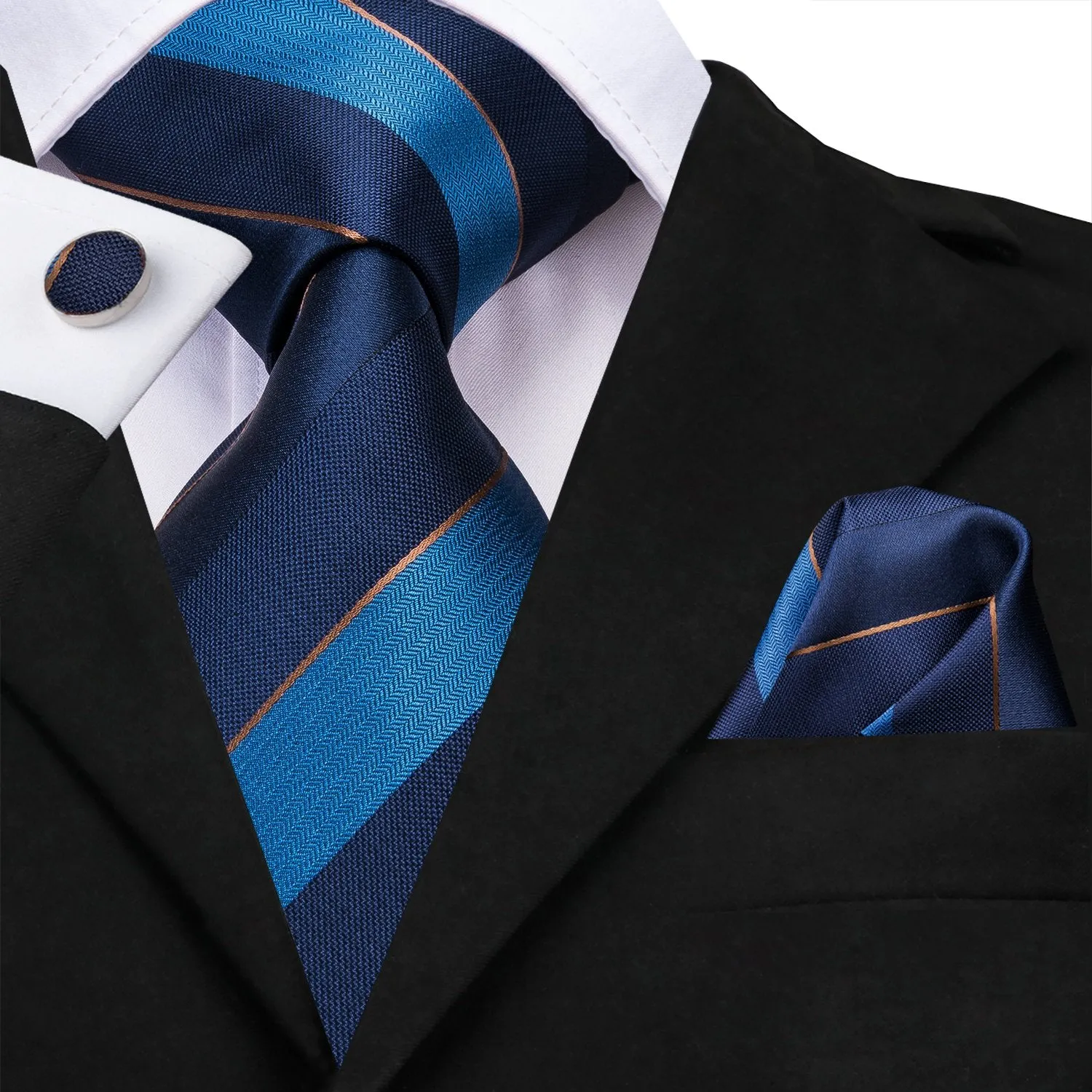 Hi-Tie Men's Blue Tie Striped Necktie Pocket Square Cufflinks Set