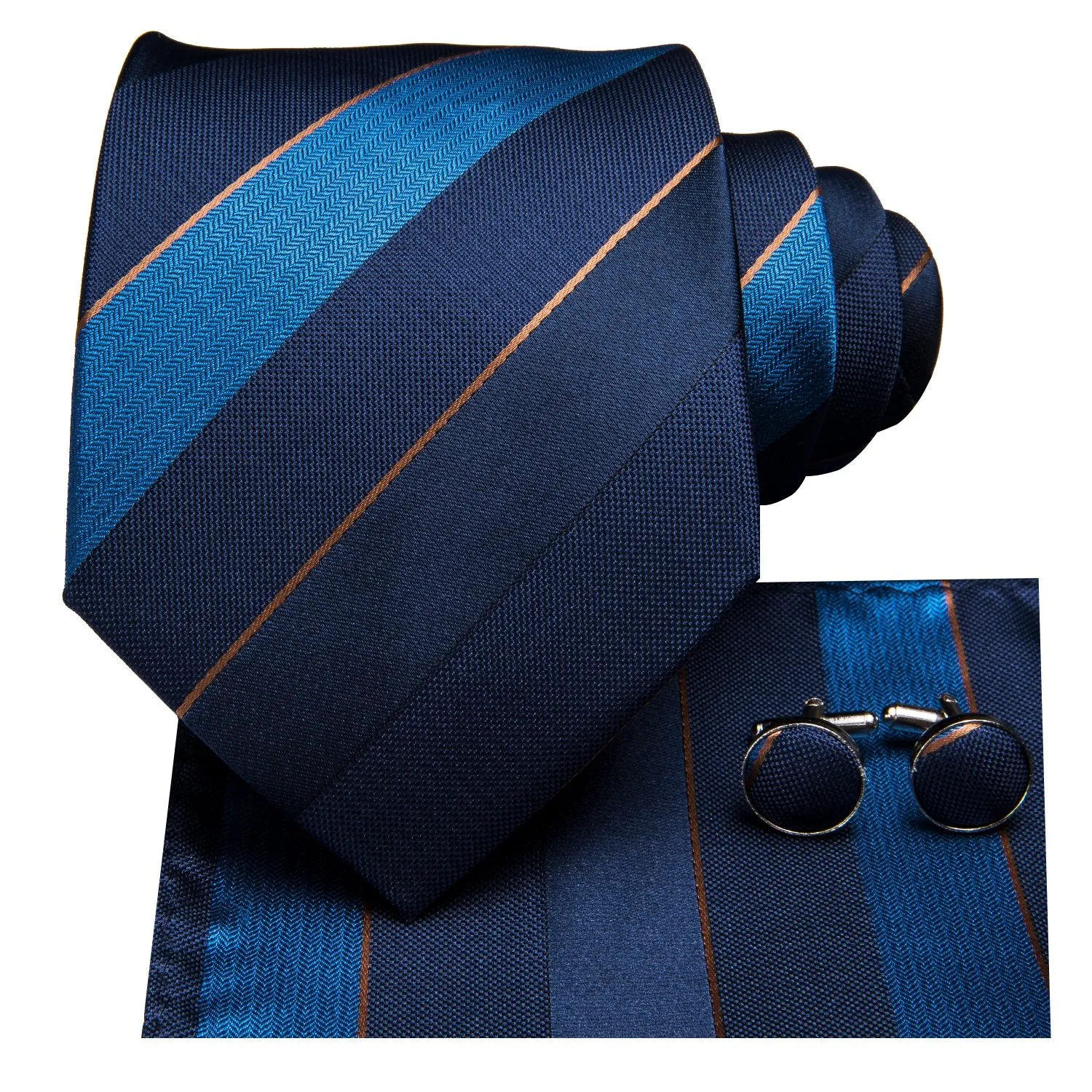 Hi-Tie Men's Blue Tie Striped Necktie Pocket Square Cufflinks Set