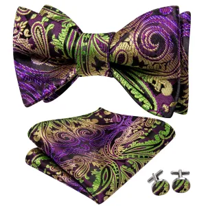 Hi-Tie Mens Bowtie Purple Blue Green Paisley Tie Hanky Cufflinks Set