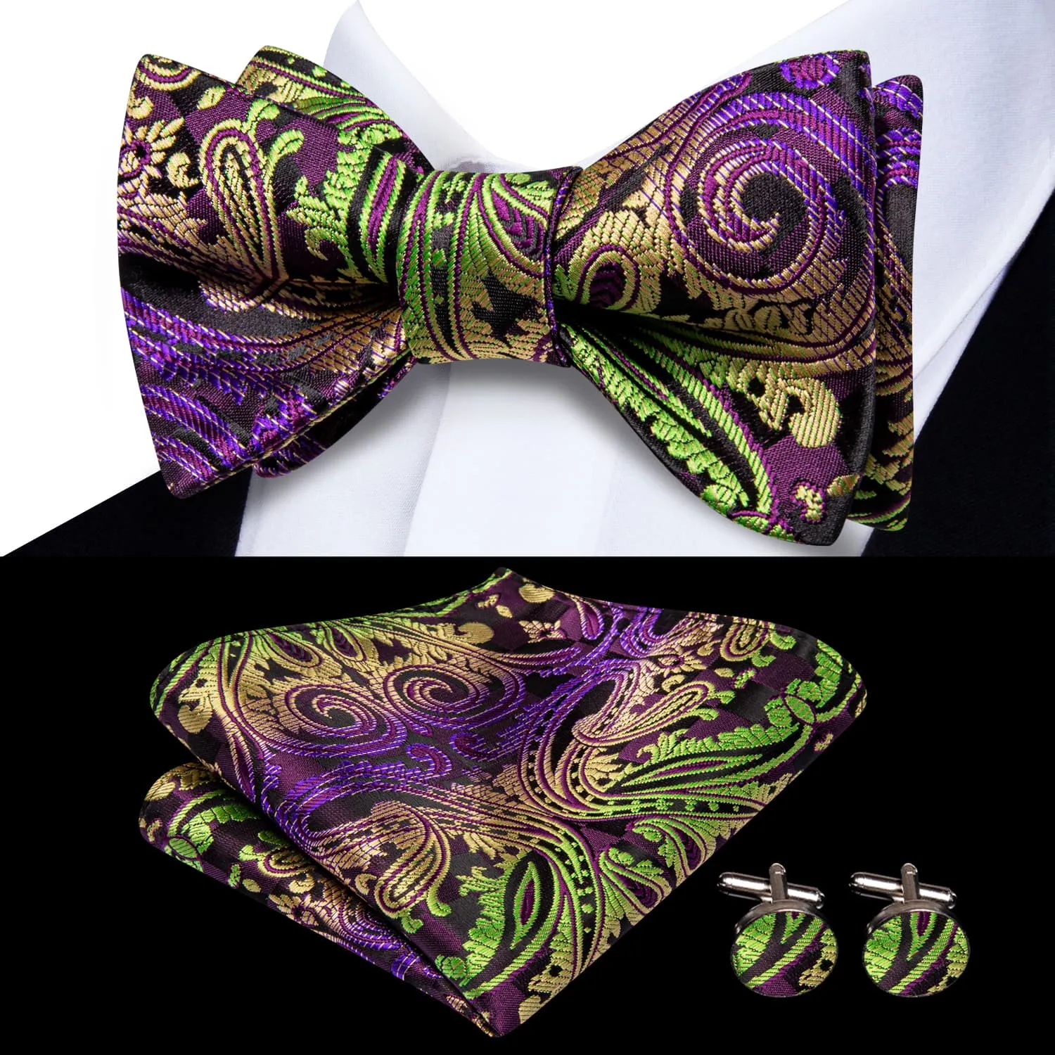 Hi-Tie Mens Bowtie Purple Blue Green Paisley Tie Hanky Cufflinks Set