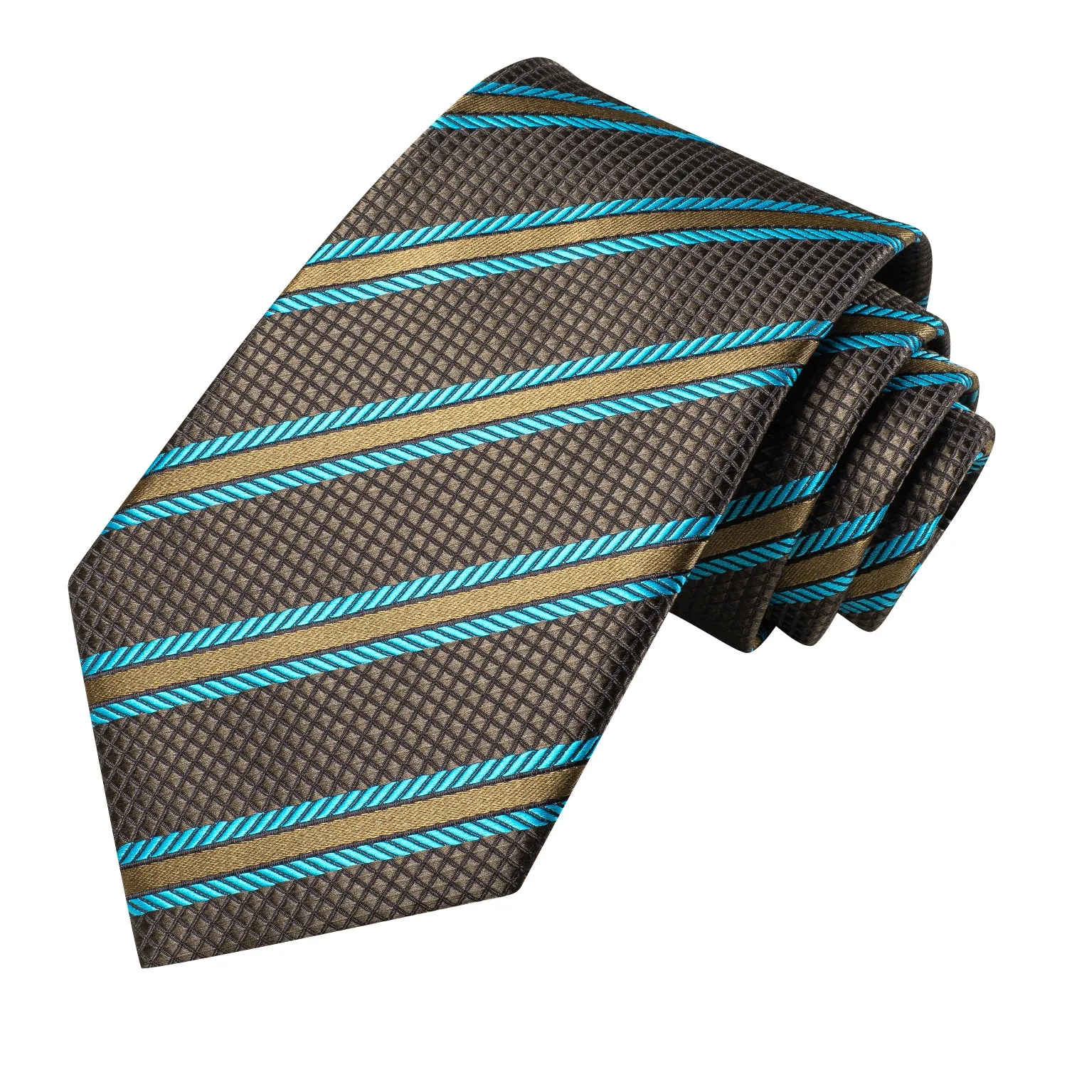 Hi-Tie Mens Brown Ties Blue Strip Silk Tie Pocket Square Cufflinks Set