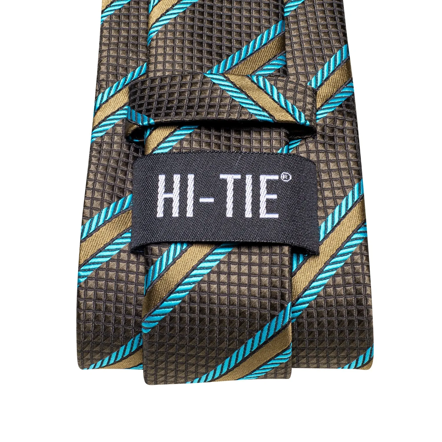 Hi-Tie Mens Brown Ties Blue Strip Silk Tie Pocket Square Cufflinks Set