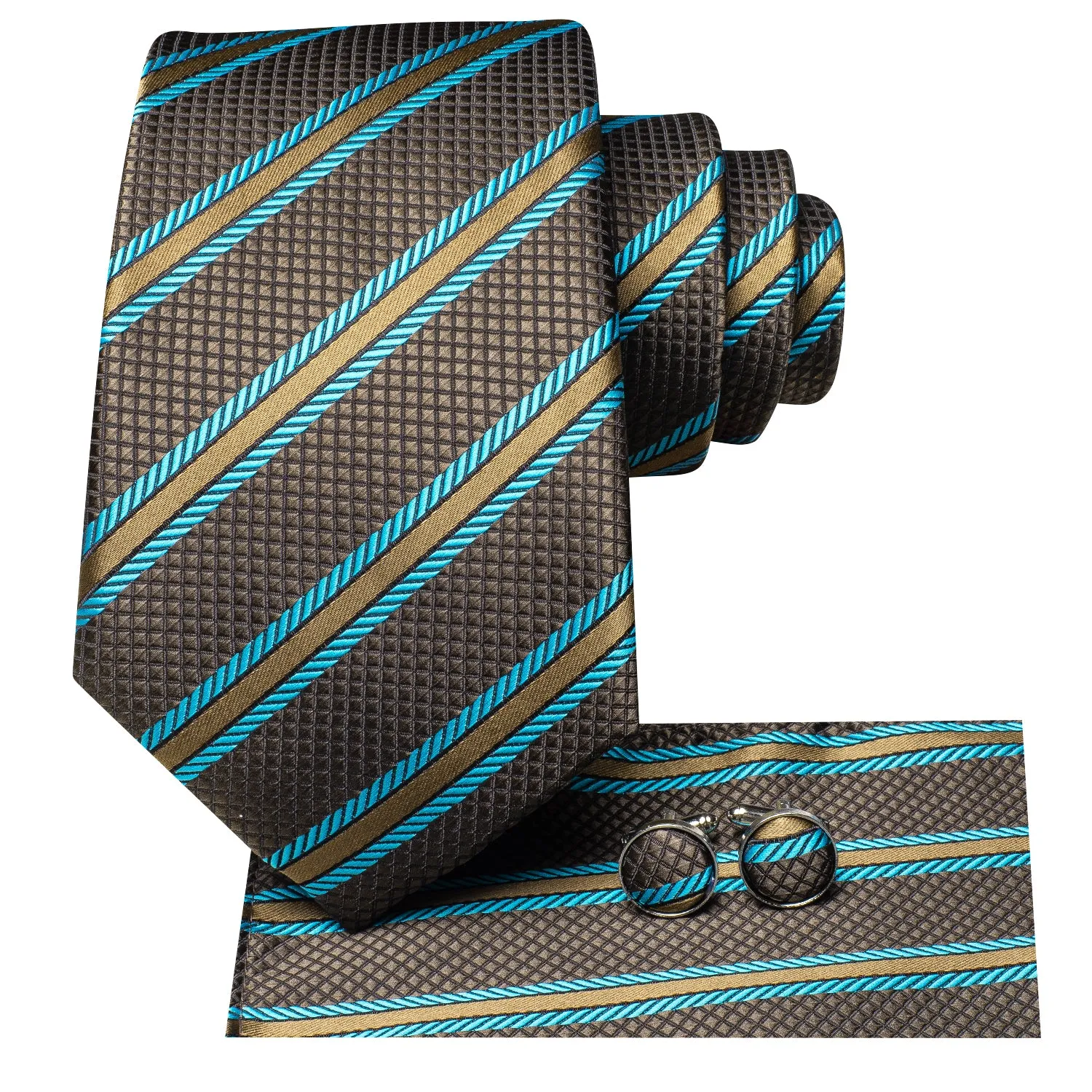 Hi-Tie Mens Brown Ties Blue Strip Silk Tie Pocket Square Cufflinks Set