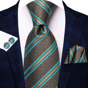 Hi-Tie Mens Brown Ties Blue Strip Silk Tie Pocket Square Cufflinks Set