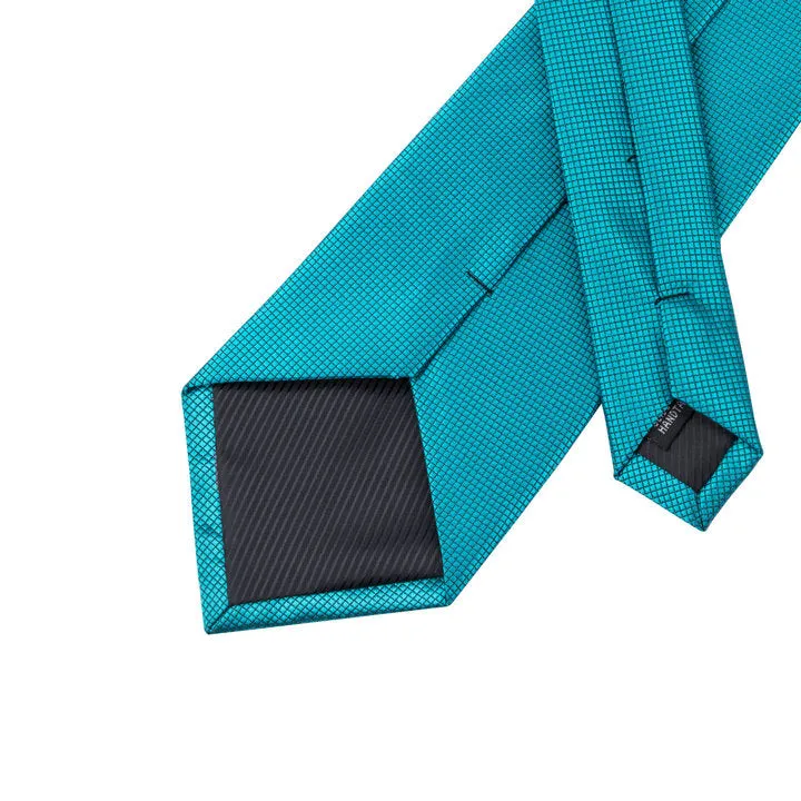 Hi-Tie Men's Necktie Teal Blue Solid Tie Pocket Square Cufflinks Set