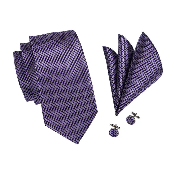 Hi-Tie Men's Purple Necktie Geometric Solid Tie Hanky Cufflinks Set