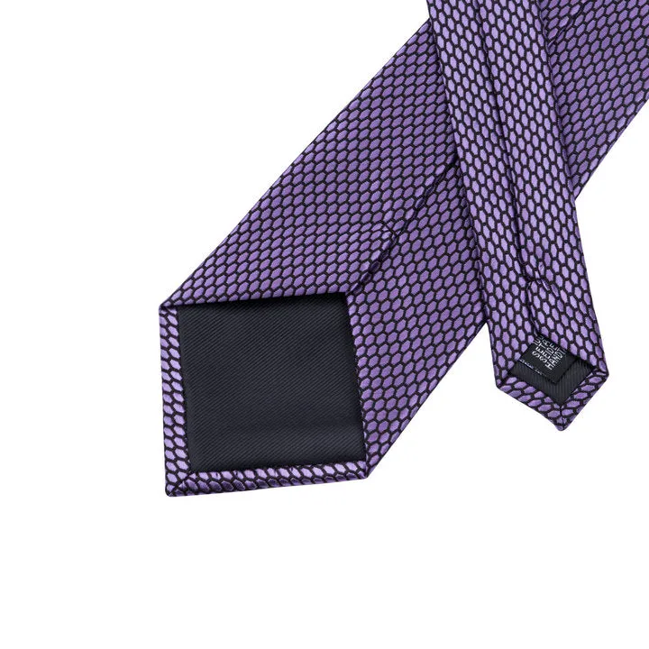 Hi-Tie Men's Purple Necktie Geometric Solid Tie Hanky Cufflinks Set