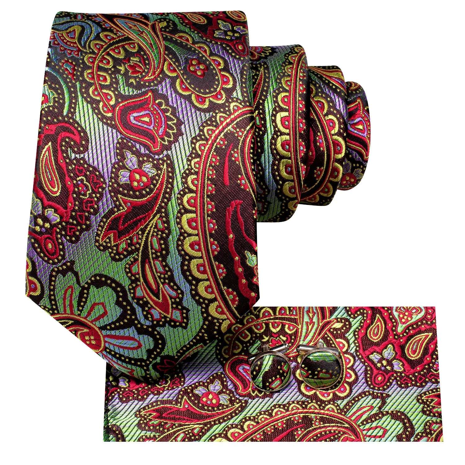 Hi-Tie Men's Silk Tie Colorful Paisley Tie Pocket Square Cufflinks Set