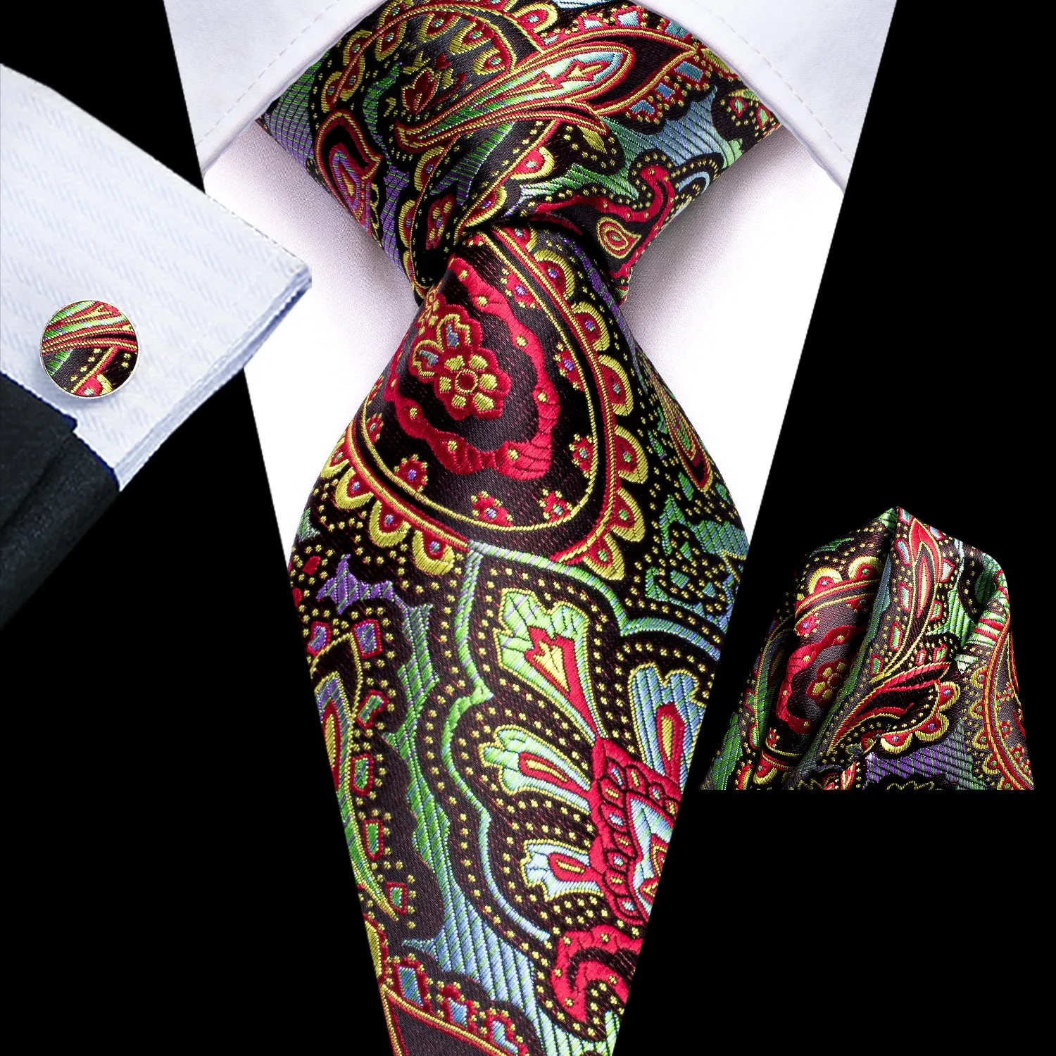 Hi-Tie Men's Silk Tie Colorful Paisley Tie Pocket Square Cufflinks Set