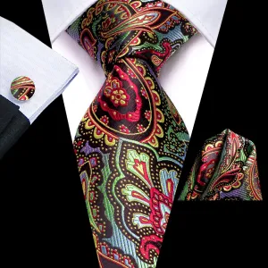 Hi-Tie Men's Silk Tie Colorful Paisley Tie Pocket Square Cufflinks Set