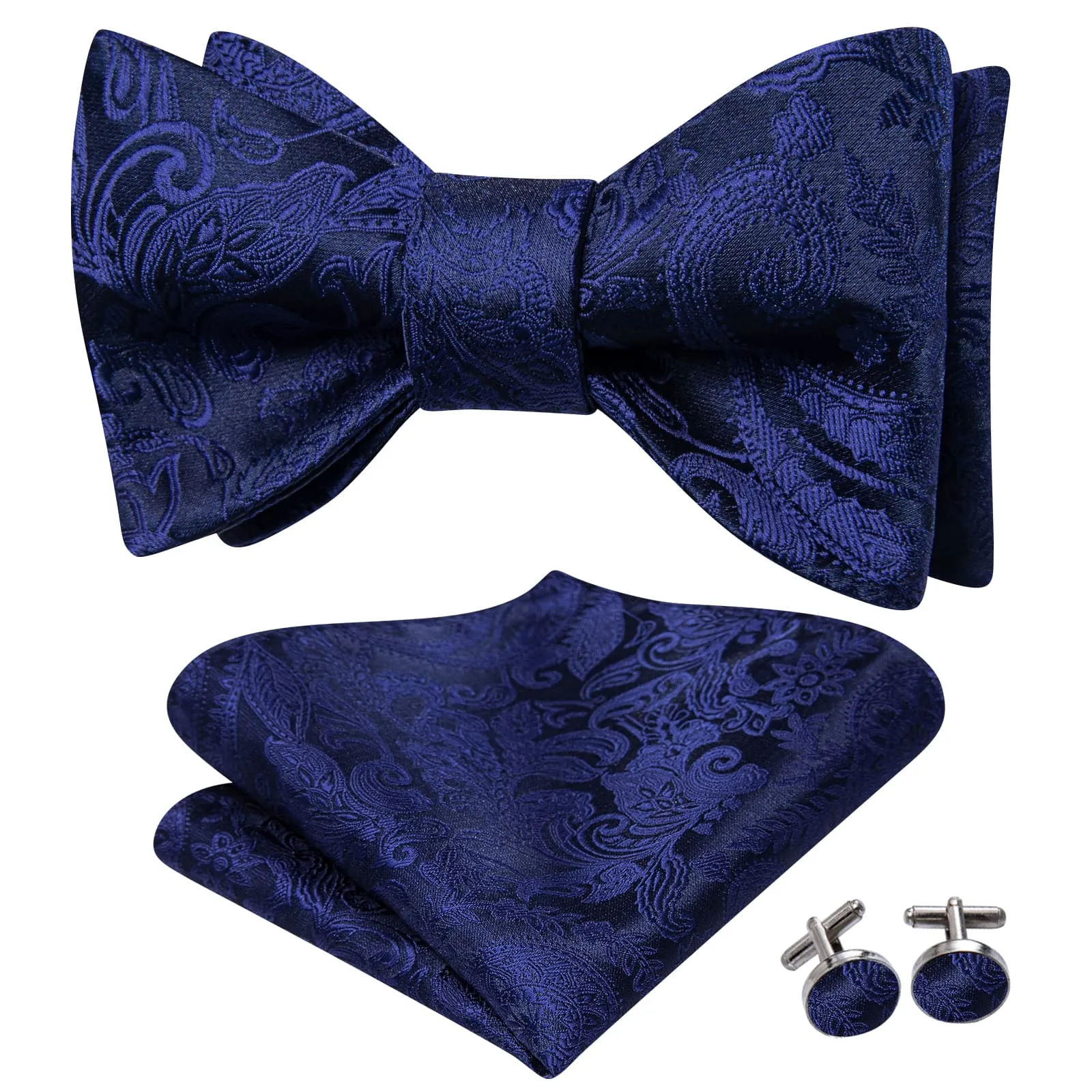 Hi-Tie Navy Blue Bowtie Jacquard Floral Bow-Tie Hanky Cufflinks Set