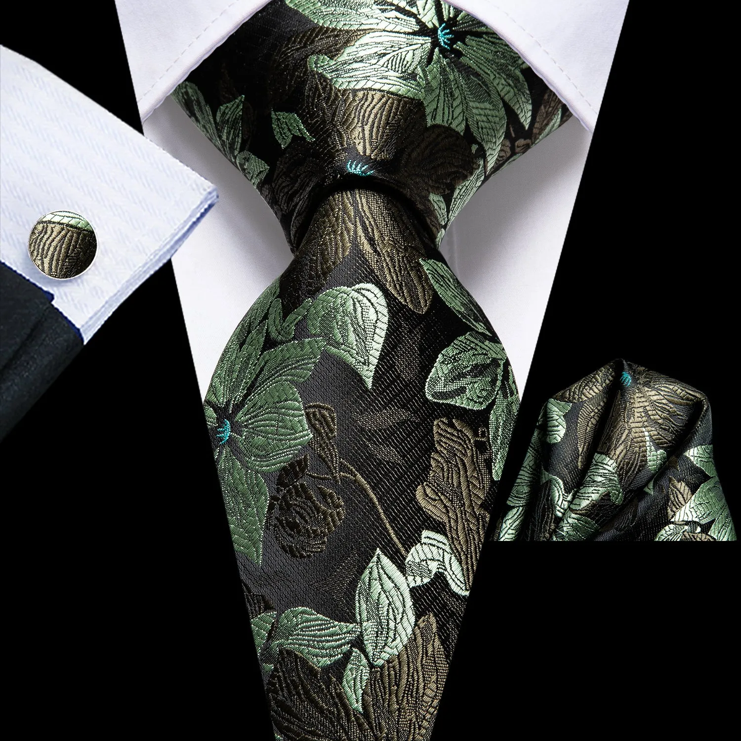 Hi-Tie Necktie Black Green Floral Men Tie Pocket Square Cufflinks Set