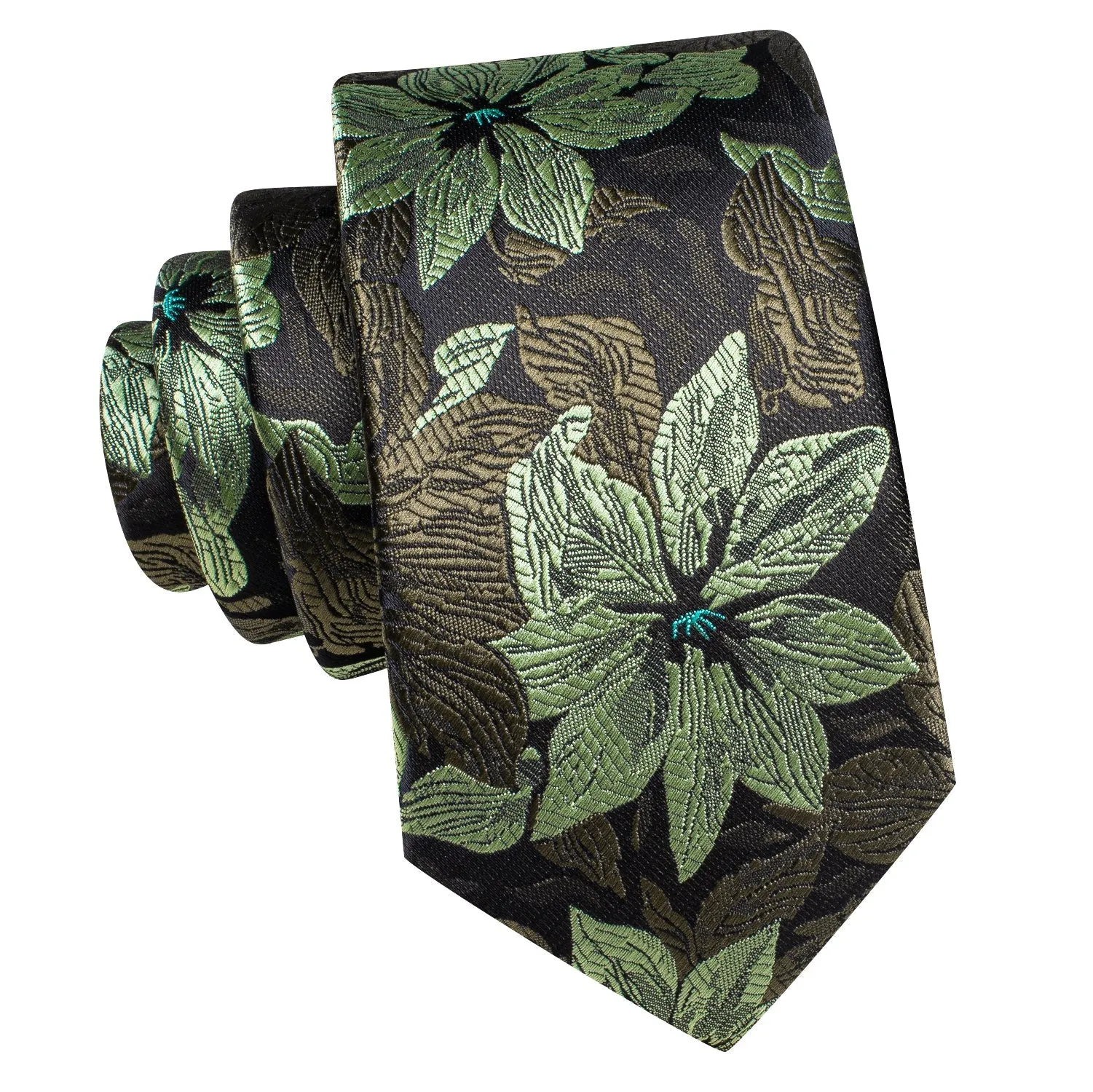 Hi-Tie Necktie Black Green Floral Men Tie Pocket Square Cufflinks Set