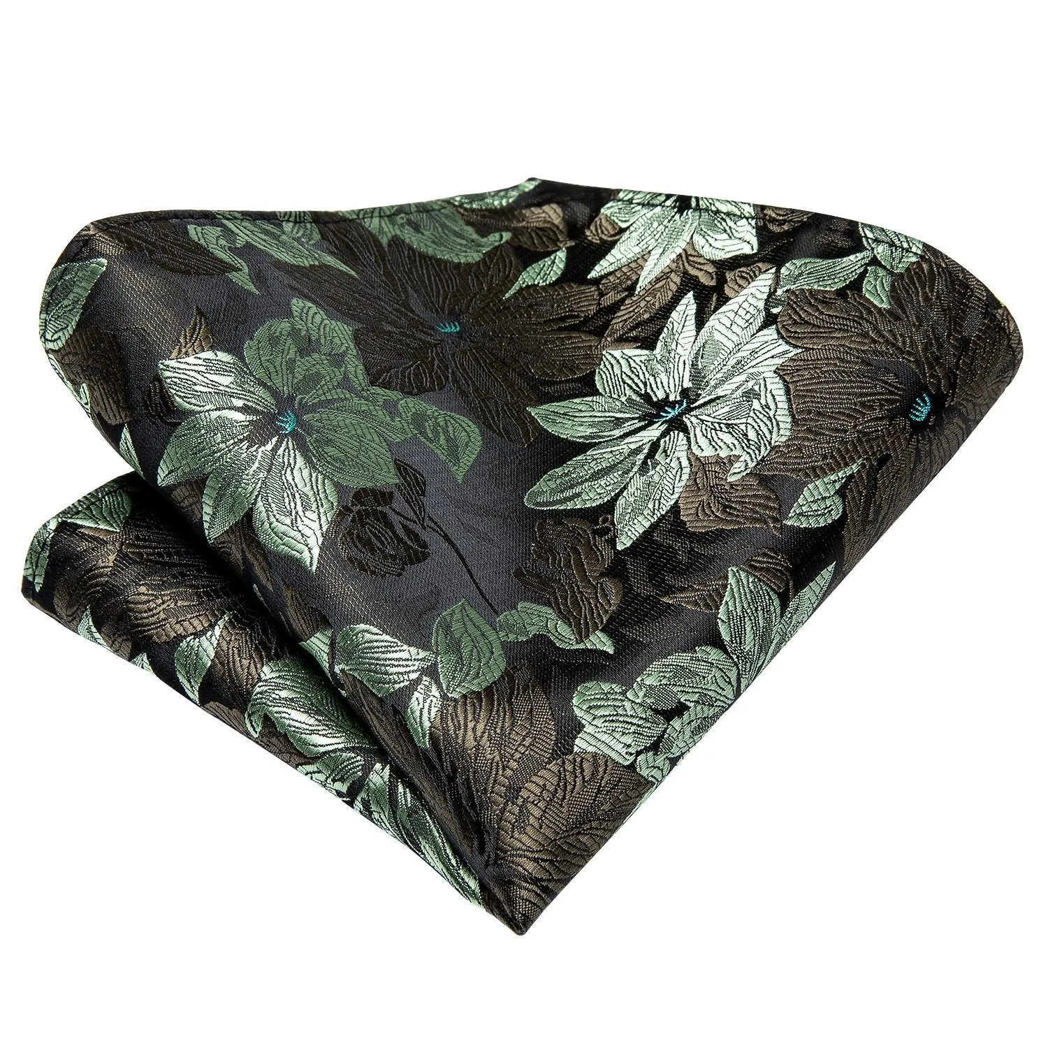 Hi-Tie Necktie Black Green Floral Men Tie Pocket Square Cufflinks Set