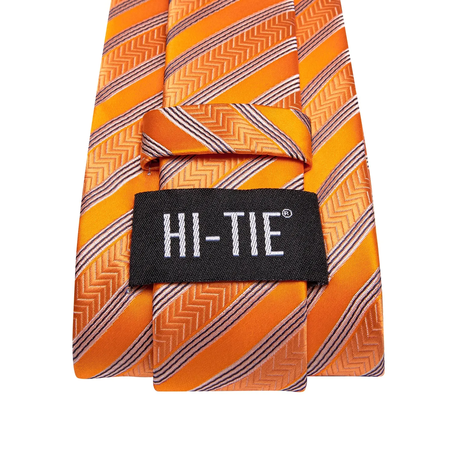 Hi-Tie Orange Necktie Black Striped Tie Pocket Square Cufflinks Set