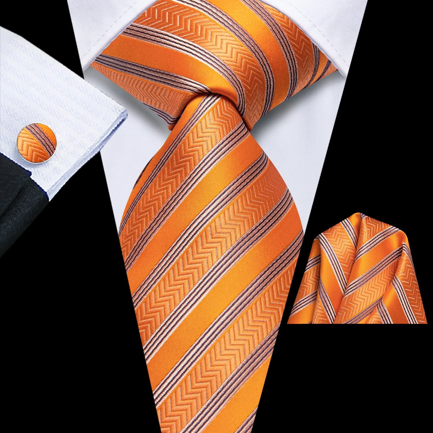 Hi-Tie Orange Necktie Black Striped Tie Pocket Square Cufflinks Set