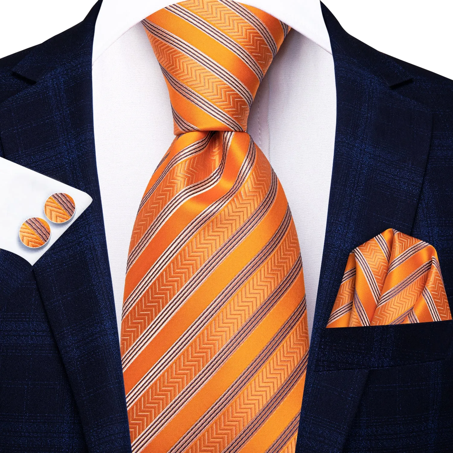 Hi-Tie Orange Necktie Black Striped Tie Pocket Square Cufflinks Set