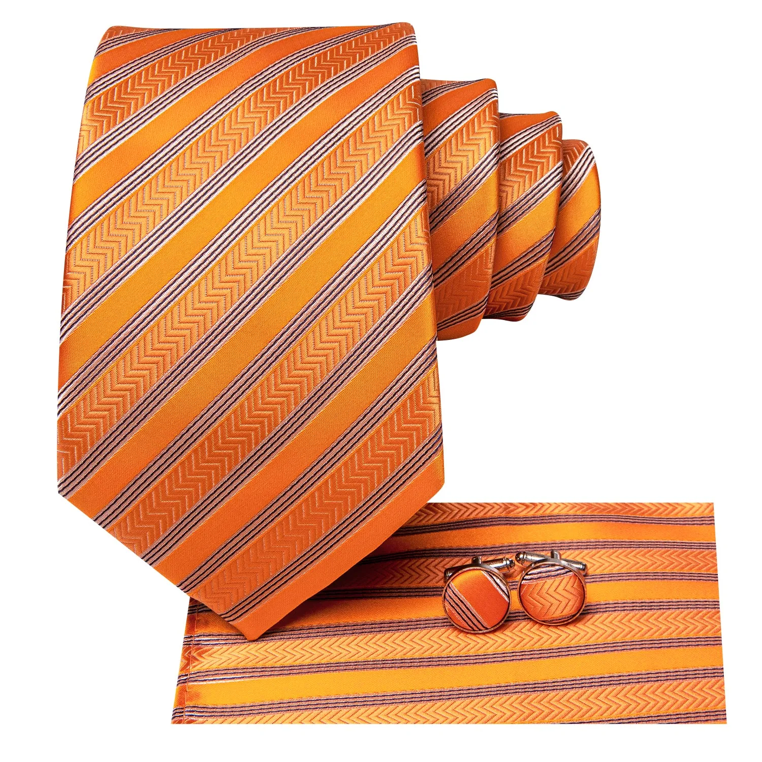 Hi-Tie Orange Necktie Black Striped Tie Pocket Square Cufflinks Set