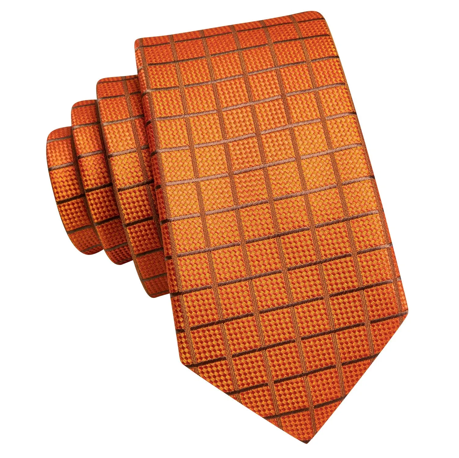 Hi-Tie Orange Tie Plaid Silk Men's Necktie Pocket Square Cufflinks Set