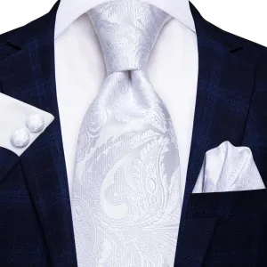 Hi-Tie Pure White Paisley Men's Necktie Pocket Square Cufflinks Set