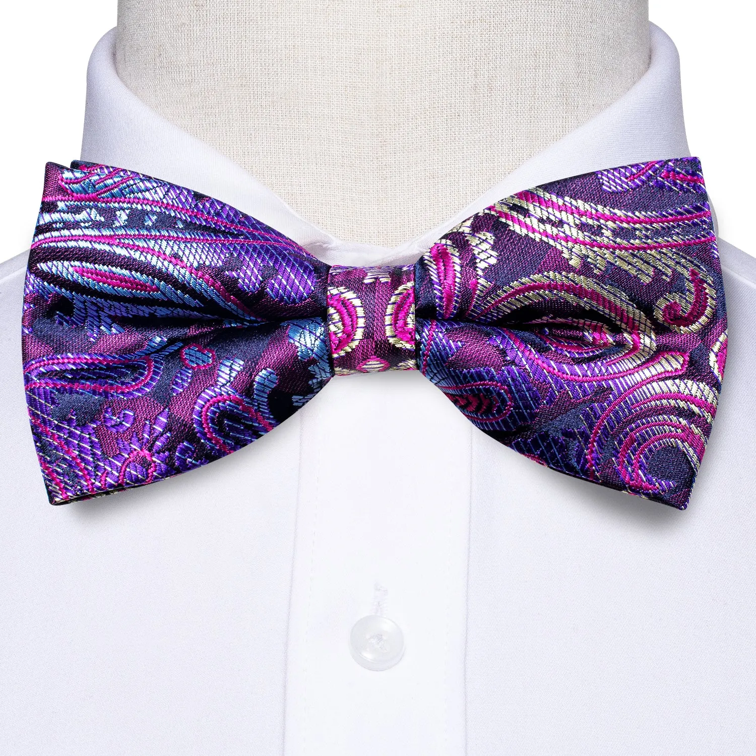 Hi-Tie Purple Bow Tie Paisley Silk Pre-tied Necktie Hanky Cufflinks Set